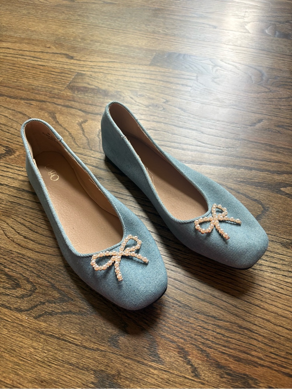 Cato Light Blue Denim Pearl Bow Ballet Flats